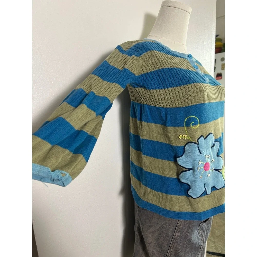 Kids Blue Khaki Striped Flower Applique Sweater Top Long Sleeve Henley‎